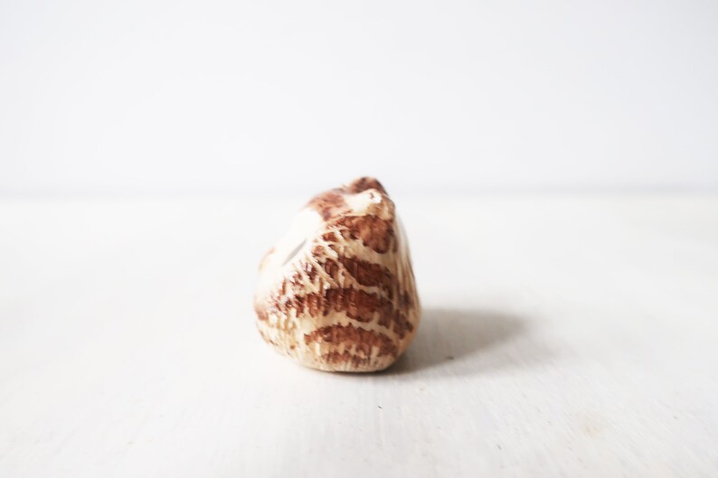 Op de afbeelding: Een klein, eivormig decoratief object met een textuur. Het object heeft een patroon van bruine en beige tinten, wat een natuurlijk, organisch uiterlijk cre&euml;ert. Het item staat tegen een effen witte achtergrond.