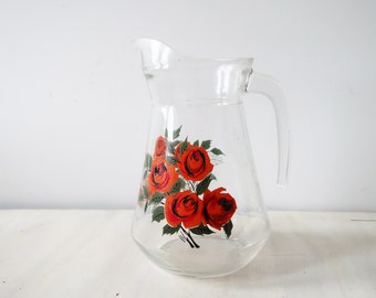 Vintage glass floral rose pitcher or jug, Vintage glass milk jug