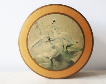 Vintage beautiful swan inlaid wooden large trinket box