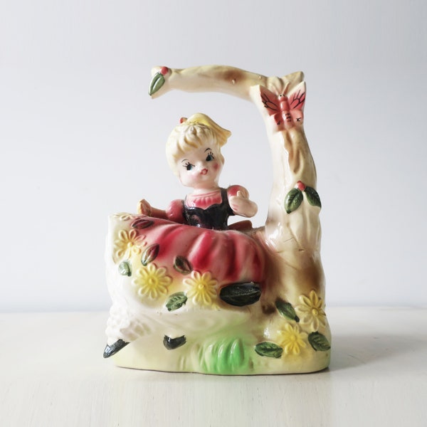 Small kitsch ceramic little girl figurine planter
