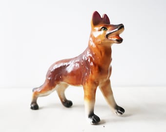 Alsatian brown china dog figurine, vintage brown ceramic dog