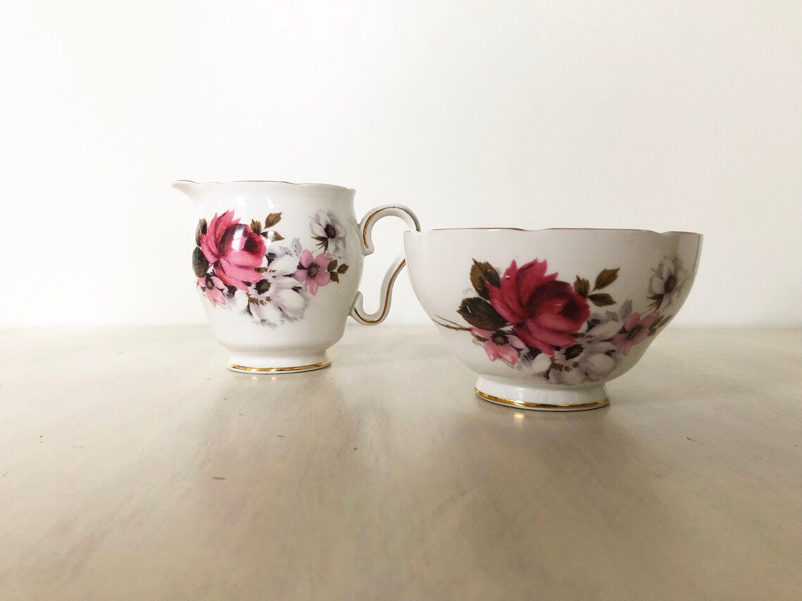 Vintage Floral Sugar Bowl and Milk Jug Set Vintage Rose Etsy