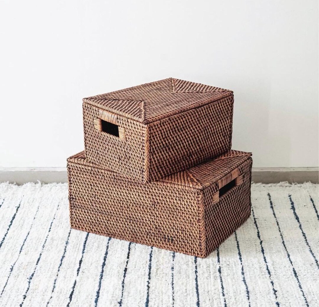 Simple Rattan Box Storage Vintage Handwoven Rattan Storage Box, Rattan Wicker Box, Natural Rattan ...