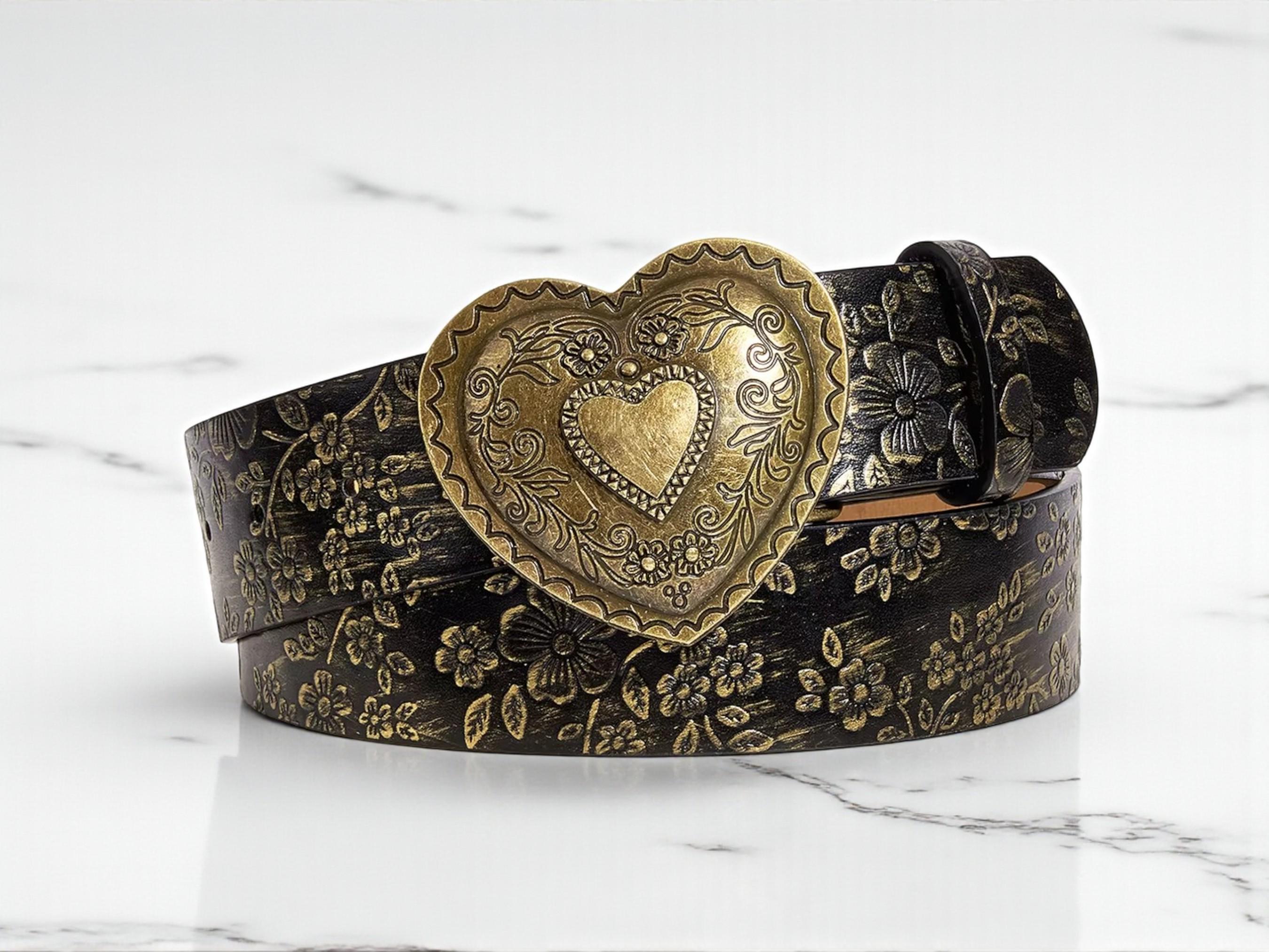 Floral Embossed Heart Buckle Belt | Vintage Western Style - Etsy display picture 3