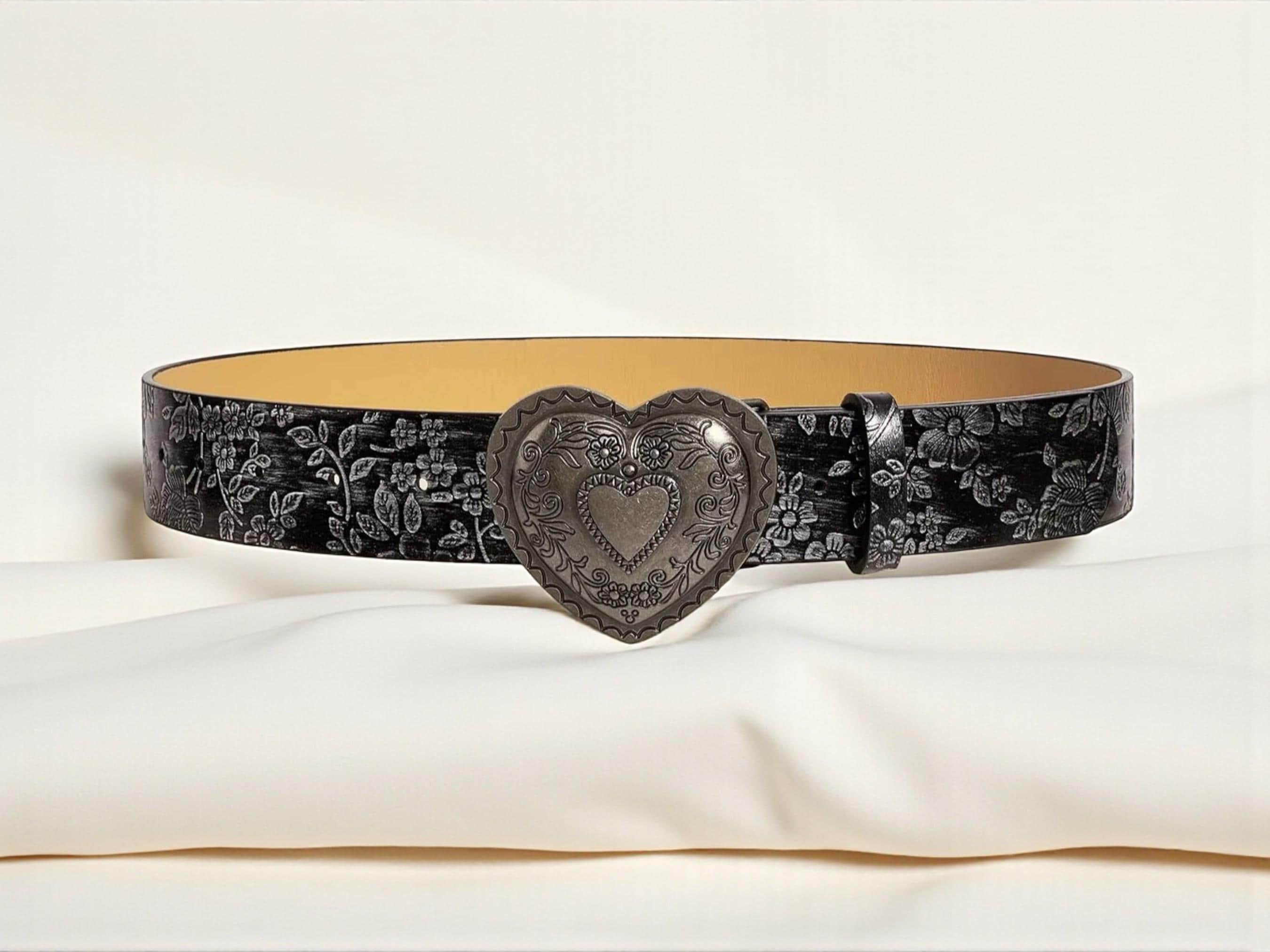 Floral Embossed Heart Buckle Belt | Vintage Western Style - Etsy