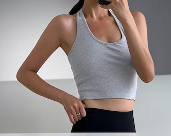 Cotton Halter Crop Top - Backless Gray Ribbed Tank Top - High Neck Summer Vest - Minimalist Streetwear Camisole