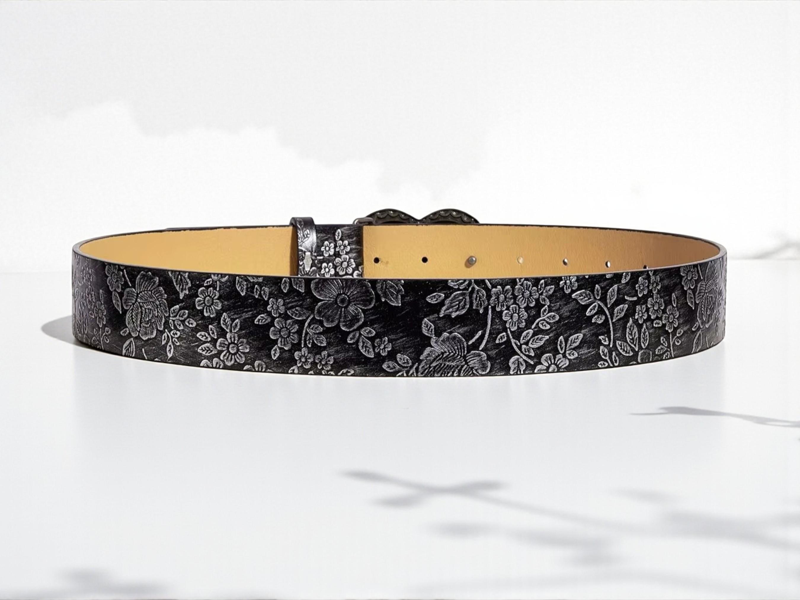Floral Embossed Heart Buckle Belt | Vintage Western Style - Etsy display picture 2