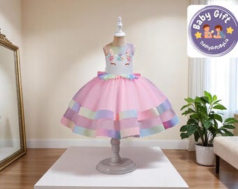 Vestido tutú de unicornio arcoíris / Traje bordado para fiesta de cumpleaños