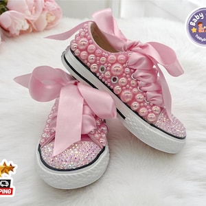 Kids Bling Sneakers | Name Pearl Canvas Schuhe | Glitzer Party Schuhe Mädchen | Rosenrote Prinzessin Schuhe | Kommunion Geschenkidee