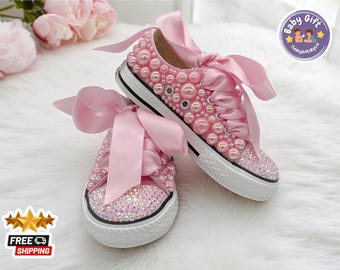 Baskets perlées personnalisées pour enfants | Chaussures en toile rose rouge Bling
