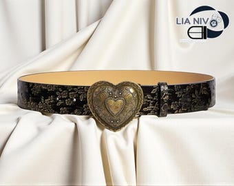 Cinturón con hebilla de corazón en relieve floral / Estilo western vintage