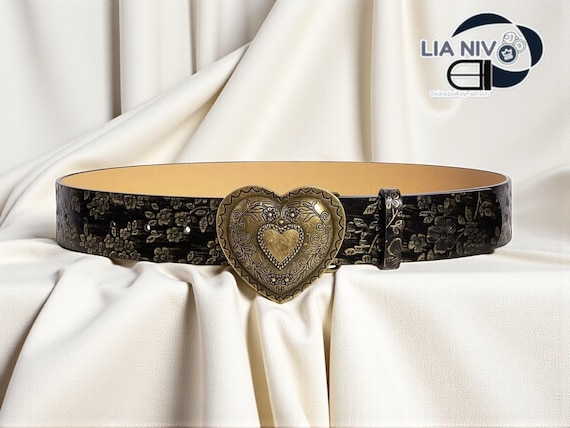 Floral Embossed Heart Buckle Belt | Vintage Western Style - Etsy display picture 2