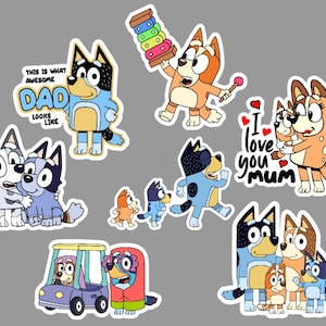 Bluey Stickers, Easy Peel Water Resistant Vinyl Laminate, Set of 7, Water bottle Sticker