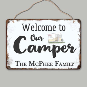 Welcome to our Camper Sign, Personalized Camper Sign, Camper Door Hanger, Vintage Camper,  Personalized Camper Sign, Vintage Shasta