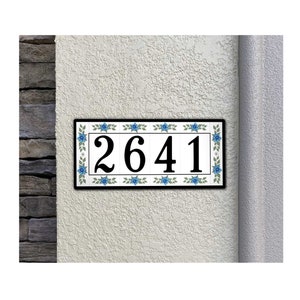 Custom Address Sign with flower design, House numbers with blue or red flowers, Colorful floral tile design, Handmade rectangle Plaque,