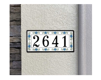 Custom Address Sign, House numbers with decorative flowers, Colorful floral tile design, Handmade rectangle Plaque, Made of Rust Proof Metal