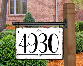 Farmhouse Style, Address Sign, Rustic House Numbers, Hanging Street Plague, Custom Metal Bracket, Industrial Pipe, cottage style address