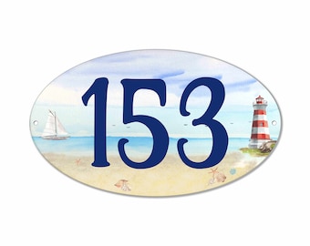 Beach House Design Address Plaque, Beachy Decor, Lighthouse, Starfish, Realtor Gift, Family Name, Sail boat seashell Plaque, Housewarming