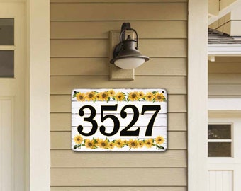 Sunflower Address Sign with House Numbers, Made of Metal and will not rust, Beautiful Colorful Flowers. 8" x 12" plaque, look of wood