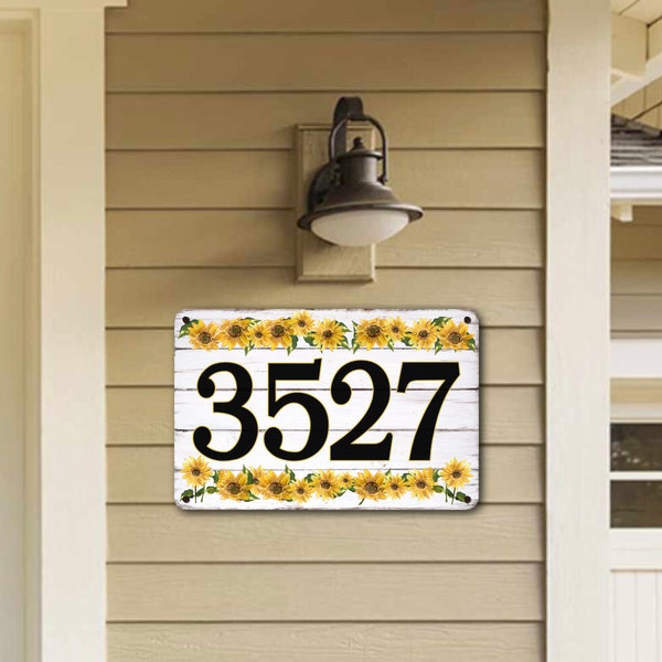 Sunflower Address Sign with House Numbers, Made of Metal and will not rust, Beautiful Colorful Flowers. 8" x 12" plaque, look of wood