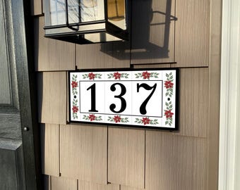 Custom Address Sign, Colorful floral tile design, House numbers with decorative Red flowers, , Handmade rectangle, Made of Rust Proof Metal
