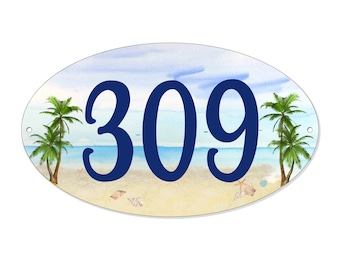 Address Sign with Beach House Design, Palm Tree Beachy Decor, Lighthouse, Starfish, Realtor Gift, Family Name, Sail boat seashell Plaque
