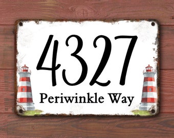 Address Sign with painted lighthouse, house numbers, and street, Rustic look with big numbers, Sign with artwork
