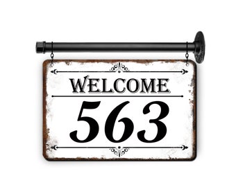 Address Sign, Cottage Style, Rustic House Numbers, Hanging Street Plague, Custom Metal Bracket, Industrial Pipe, cottage style address