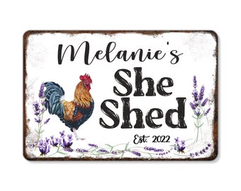 Personalized She Shed Sign, Cute Rustic Rooster Custom Name , Mom Christmas Lavender, Garden Flowers, sewing room, Floral Bouquet 8 x 12