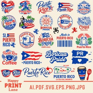 May include: A collection of graphic designs featuring Puerto Rican themes, including the flag, the coqui frog, palm trees, lighthouses, coffee, sunglasses, and drums. Text includes Puerto Rico, Boricua, Pride, and Made in Puerto Rico with a barcode.