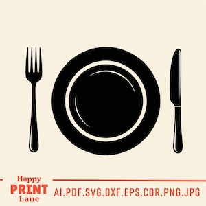 May include: Black and white illustration of a place setting. A round plate is centered between a fork on the left and a knife on the right. The words "Happy Print Lane" are in the bottom left corner.