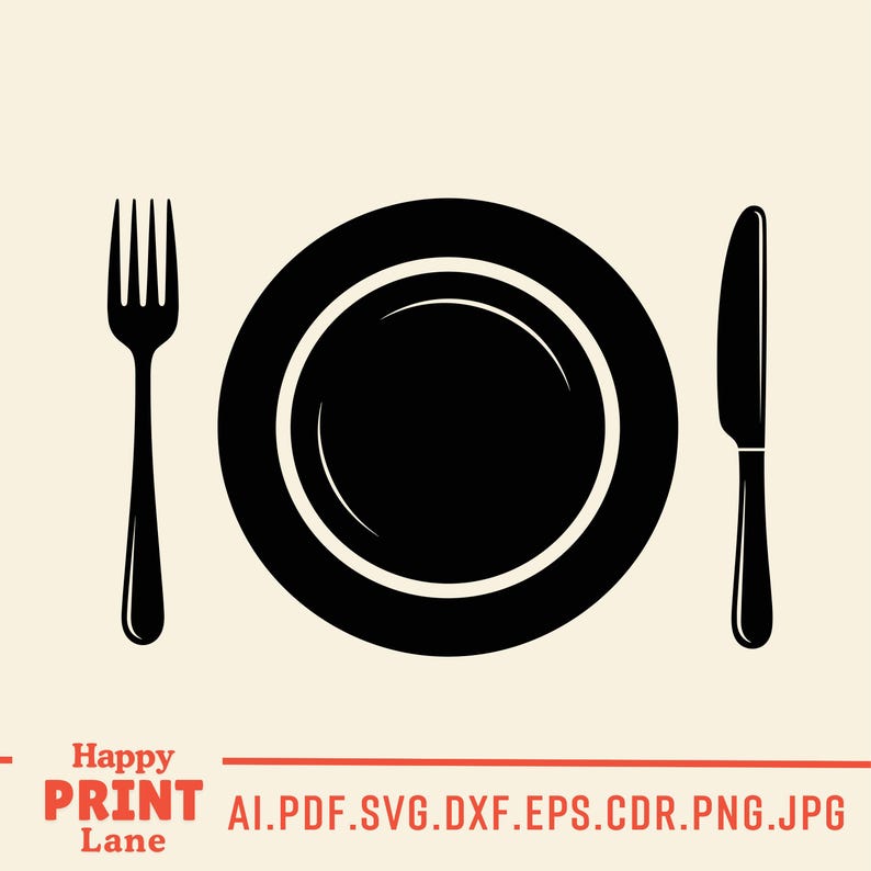 May include: Black and white illustration of a place setting. A round plate is centered between a fork on the left and a knife on the right. The words "Happy Print Lane" are in the bottom left corner.