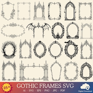 May include: A collection of 25 black and white digital graphic frames featuring intricate designs including gothic arches, thorny branches, roses, bat wings, pumpkins, and ornate filigree patterns, presented as a set of vector illustrations.