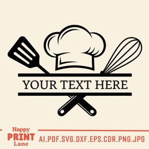 May include: Black and white chef-themed design featuring a chef's hat, spatula, and whisk. The text "YOUR TEXT HERE" is centered on a horizontal bar. The design is set against a cream background.