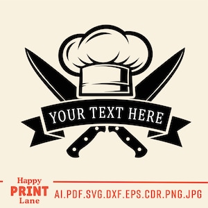 May include: Black and white chef-themed logo with a chef's hat, crossed knives, and a banner that reads "YOUR TEXT HERE". The design is set against a cream background, suitable for culinary businesses or kitchen-related products.