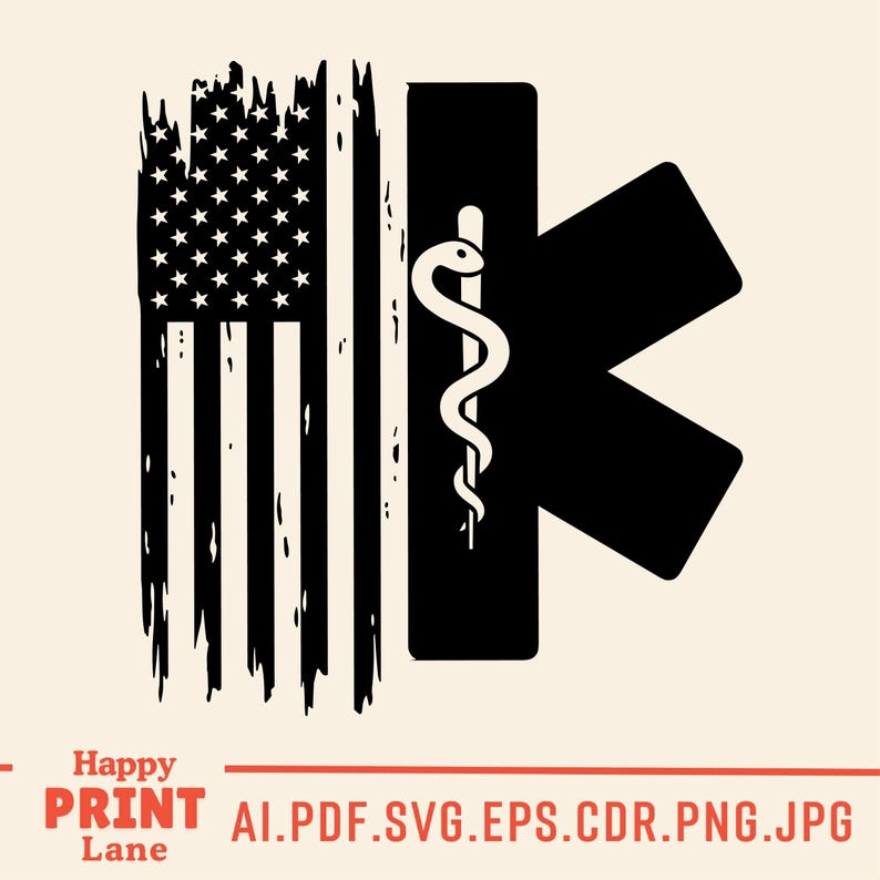 May include: A distressed American flag design with a black Star of Life symbol. The Star of Life features a white staff with a snake, a symbol of medicine. The image includes the text "Happy Print Lane".