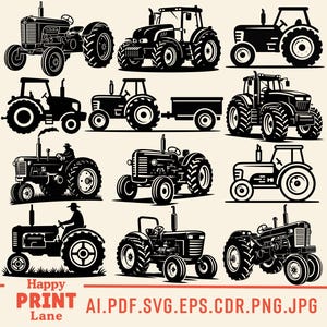 May include: A collection of black and white tractor illustrations in various styles. The tractors have large wheels and are depicted in different poses, some with drivers. The image includes the text "Happy Print Lane" and file type extensions.