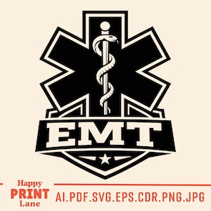 May include: Black and white EMT logo featuring the Star of Life symbol with a staff and serpent, and the word "EMT" in bold letters. A star is below the text. The image also includes the text "Happy Print Lane" and file type options.