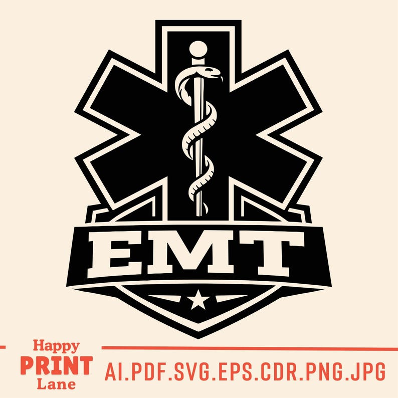 May include: Black and white EMT logo featuring the Star of Life symbol with a staff and serpent, and the word "EMT" in bold letters. A star is below the text. The image also includes the text "Happy Print Lane" and file type options.