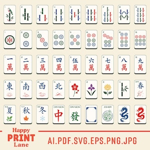 Könnte beinhalten: Eine digitale Sammlung von Mahjong-Spielsteinen in einem Raster, bestehend aus Bambus-, Kreis-, Schriftzeichen-, Wind-, Drachen-, Blumen-, Jahreszeiten- und Joker-Steinen. Unten steht der Text Happy Print Lane und AI.PDF.SVG.EPS.PNG.JPG.