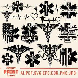 Puede incluir: Una colección de gráficos médicos en blanco y negro, que incluyen la Estrella de la Vida, símbolos de caduceo y líneas de frecuencia cardíaca. Algunos diseños incorporan la bandera estadounidense. También está presente el texto "EMT".
