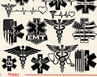 EMT Sign SVG, Star of Life Svg, Rod of Asclepius Medical Symbol, Paramedic Svg, EMS Logo, Emergency Medical Monogram Cut File Silhouette