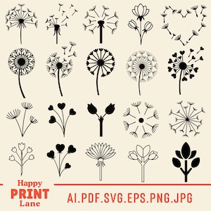 Puede incluir: Una colección de gráficos vectoriales florales en blanco y negro, que incluyen dientes de león, flores y arreglos en forma de corazón, sobre un fondo crema. La imagen también incluye el texto "Happy PRINT Lane" e información sobre el tipo de archivo.
