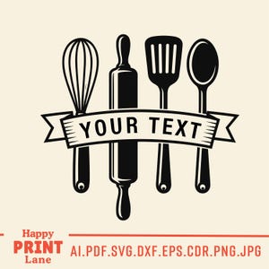 May include: Black and white illustration of kitchen utensils: a whisk, rolling pin, spatula, and spoon. A banner across the utensils reads "YOUR TEXT". The image has a cream-colored background.