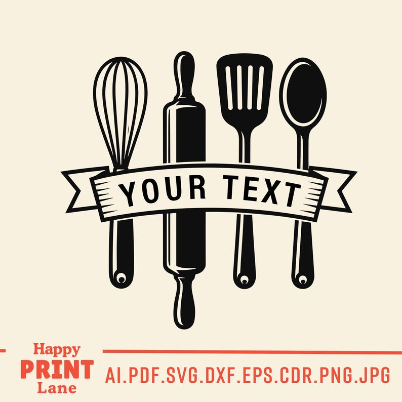 May include: Black and white illustration of kitchen utensils: a whisk, rolling pin, spatula, and spoon. A banner across the utensils reads "YOUR TEXT". The image has a cream-colored background.