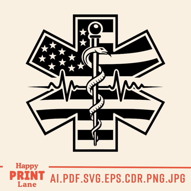 May include: Black and white Star of Life emblem with an American flag design. The design includes a caduceus, a heartbeat line, and the text "Happy Print Lane".