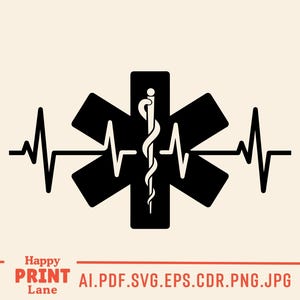 May include: Black and white medical symbol with a heartbeat line on a cream background. The symbol features a six-pointed star with a staff of Asclepius in the center. The text "Happy Print Lane" and file types are at the bottom.