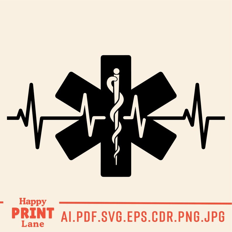 May include: Black and white medical symbol with a heartbeat line on a cream background. The symbol features a six-pointed star with a staff of Asclepius in the center. The text "Happy Print Lane" and file types are at the bottom.