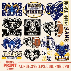 Rams Football SVG, Rams SVG-Bundle, Spieltag Team Spirit Design, Los Angeles Football Ram Skyline SVG, Varsity Curved Rams Png Eps Dxf Pdf