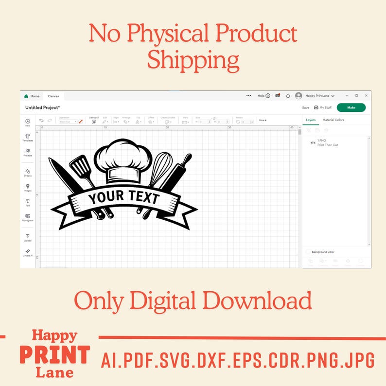 May include: Black and white digital design featuring a chef's hat, whisk, rolling pin, spatula, and knife. The design includes a banner with the text "YOUR TEXT". The image also includes the text "No Physical Product Shipping" and "Only Digital Download".